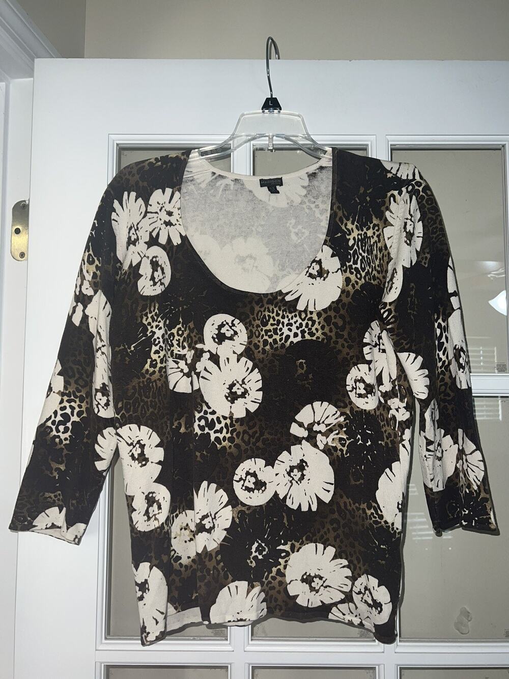 Madison womens brown floral white 3/4 sleeve blouse womens PS silk blend